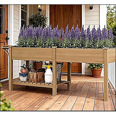 Elevated Garden Bed,Wood Raised Garden Box,with Side Table,Bottom Shelf,Bed Liners and Drainage Holes