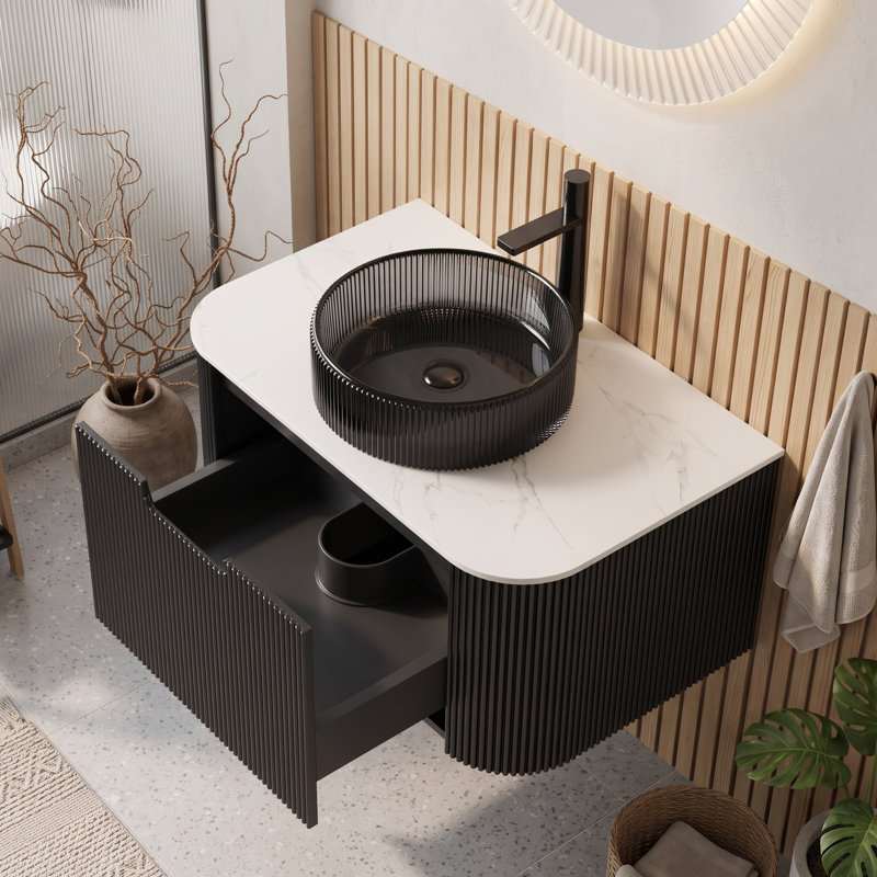 Meuble-lavabo mural simple 29,92 po avec plateau en marbre, Noir