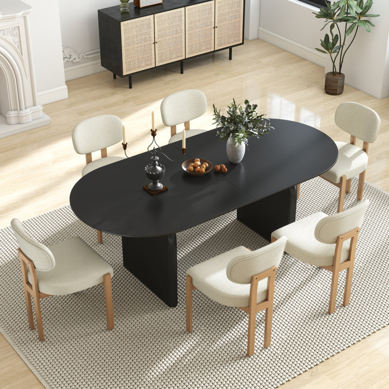 Ensemble de table de salle à manger Mid-Century, 7 pièces : table, 6 chaises, Beige, Noir