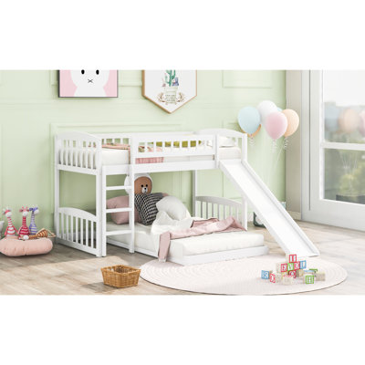 Twin Over Bunk Bed In White, Comes With Slide And Reversible - Side , Solid Pine Frame Board, Space Saving Option For Bedrooms, Gray Style Features, 18 Support Slats White Adjustable Placement,