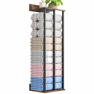 Porte-serviettes mural pour salle de bain avec tablette de rangement en bois, porte-serviettes en métal à 3 barres pour serviettes roulées, style rustique, robuste et grande capacité, organisateur de rangement pour serviettes, (brun rétro)