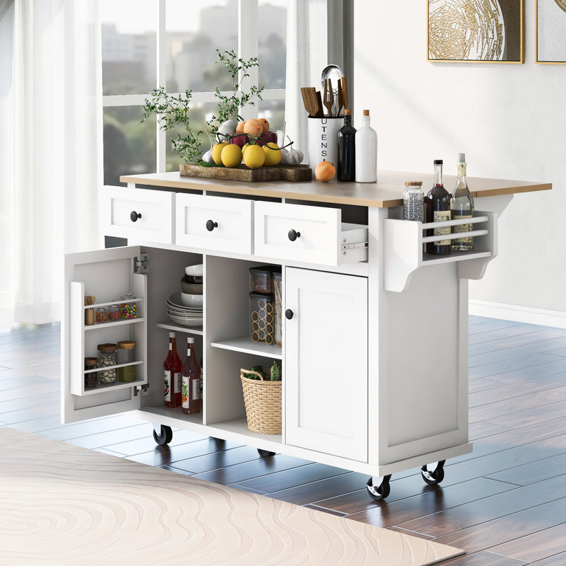 White Kitchen Island With Adjustable Shelves, Drop Countertop & 5 Rolling Wheels Stylish Shelves And Towel Holder, White