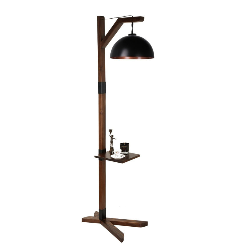 Lampe sur pied élégante en bois avec tablettes Luro, hauteur de 72,8 po | Corps en bois robuste, capuchon en métal, douille E27 (60 W maximum) | Interrupteur marche / arrêt sur le câble | Parfait pour le salon, la chambre à coucher ou le bureau - Design élégant et fonctionnel