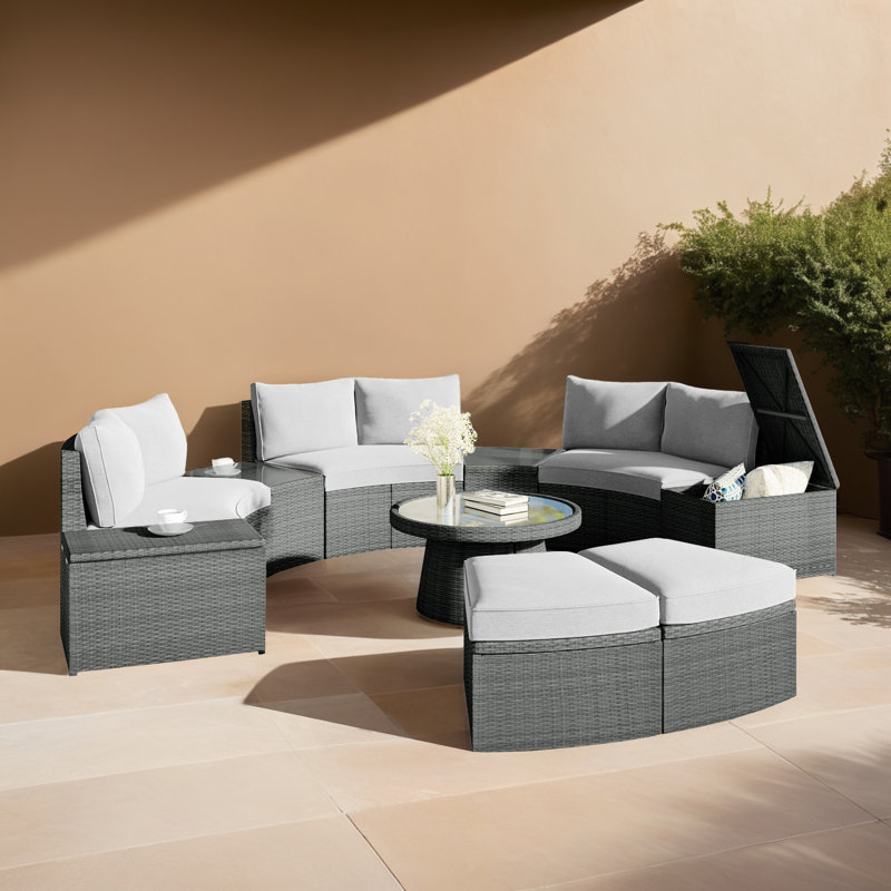Ensemble de canapé modulaire d'extérieur 10 pièces demi-lune avec table basse, Brun, Blanc