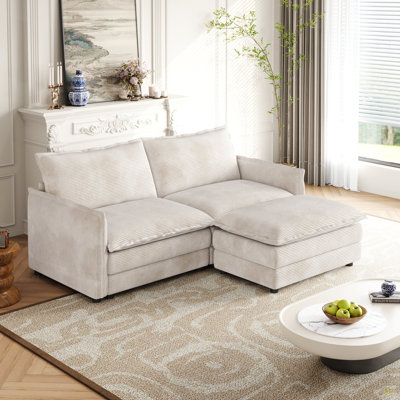 Corduroy Fabric Loveseat Sofa Couch With 1 Footrest For Living Room,2 Seater L-Shaped Sectional With Ottoman, Upholstered Large Size Deep Seat 2-Seat Sofa With 2 Cushions