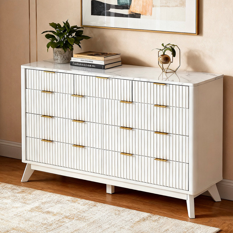 9-Drawer Dresser with Faux Marble Top, TV Stand for Living Room and Storage Organizer for Bedroom, White