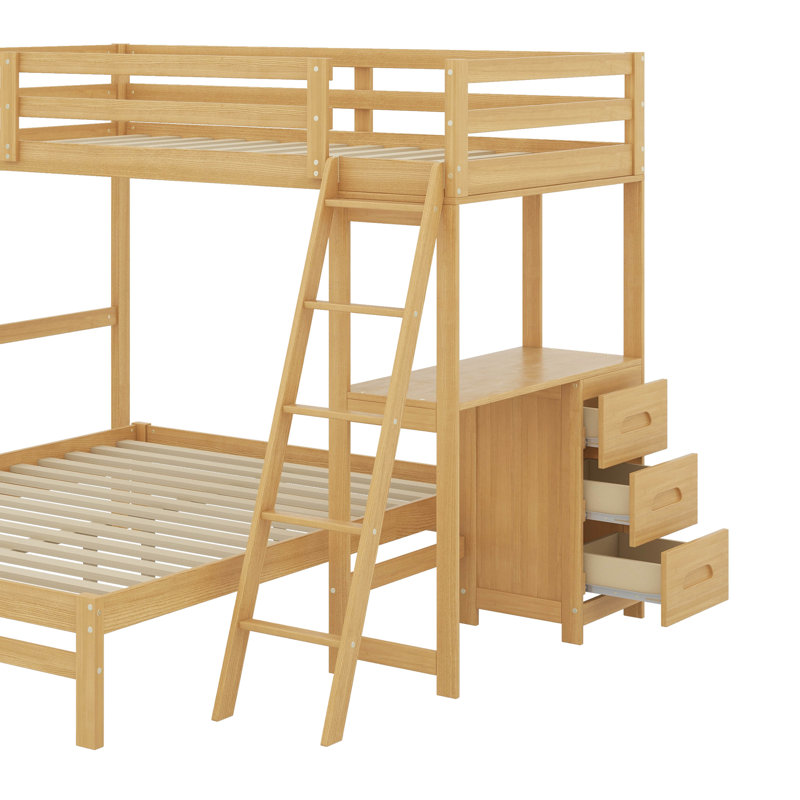 Lit superposé simple au dessus d'un lit double avec bureau intégré et trois tiroirs, Naturel