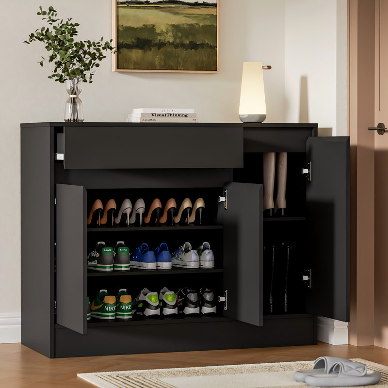 Shoe Cabinet Storage With 3 Doors, Freestanding Shoe Cabinet With Drawer & Adjustable Shelves, Wooden Shoe Organizer For Entryway, Hallway, Black