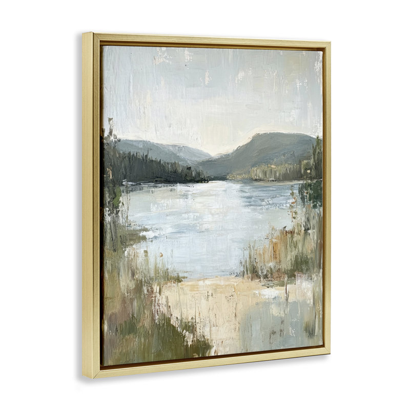 Cadre flottant Abstract Lake Shore & Mountains, design par Petal Prints Design, H 31 po x l 25 po