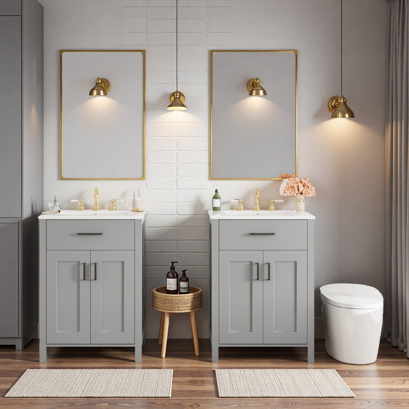 Meuble-lavabo moderne de 48 pouces avec lavabo en céramique, portes à fermeture en douceur, tiroir rabattable, tablettes de porte à double couche