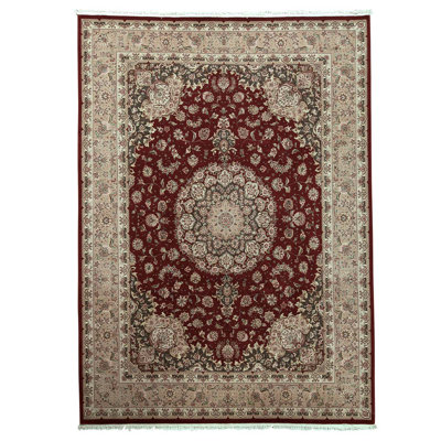 Tapis rouge / vert / beige en laine noué à la main de conception unique 8 pi 10 po x 12 pi