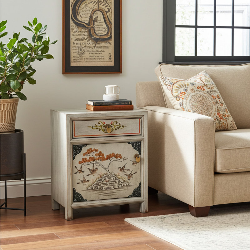 Solid Wood Bedside Table Cabinet Asian Oriental Chinese Furniture Vintage Style Handpainted