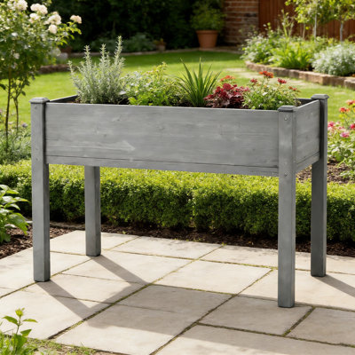 48W x 24D x 30H Inch Elevated Wooden Raised Outdoor Planter with Legs, Gray Solid with Liner for Outdoor Vegetables, Herbs, Flowers, Fruits