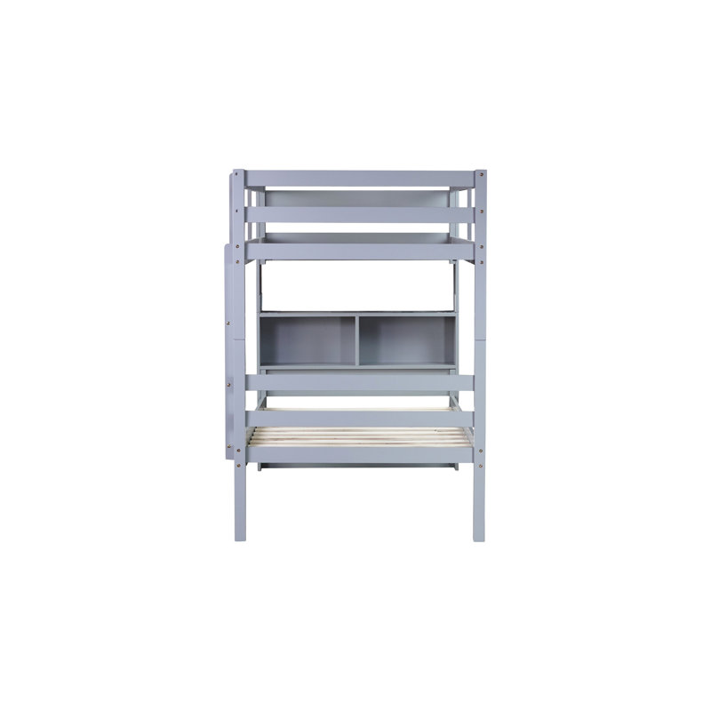 Lit simple superposé au-dessus en gris, bois d'hévéa, avec tablettes, garde-corps, structure de tête de lit détachable et décorative grise, garde-corps et convertible à 2 lits