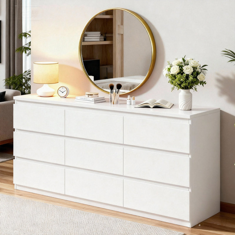Commode grande capacité avec 9 tiroirs, conception anti-basculement pour le rangement dans la chambre à coucher, Blanc