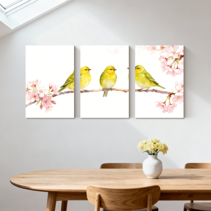 Oiseaux jaunes sur une branche de cerisier en fleurs, ensemble de 3 impressions sur toile, H 24 po x l 48 po