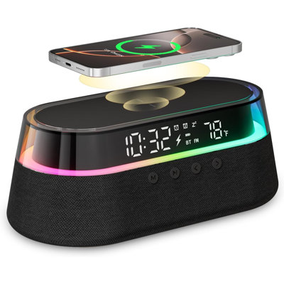 6-in-1 Black Alarm Clock With Wireless Charging & Radio