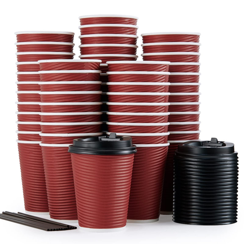 80 Pack Insulated Ripple Wall 12 Oz Disposable Paper Cups, Three Layer Insulated Hot Paper Coffee Cups With Lid And Straws For Parties, Picnics, And Travel