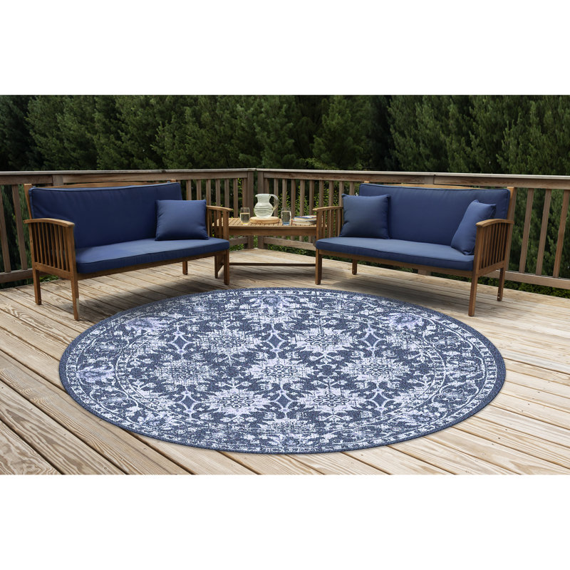Tapis d'intérieur / extérieur bleu marine Kaed, Rond 7 pi 10 po