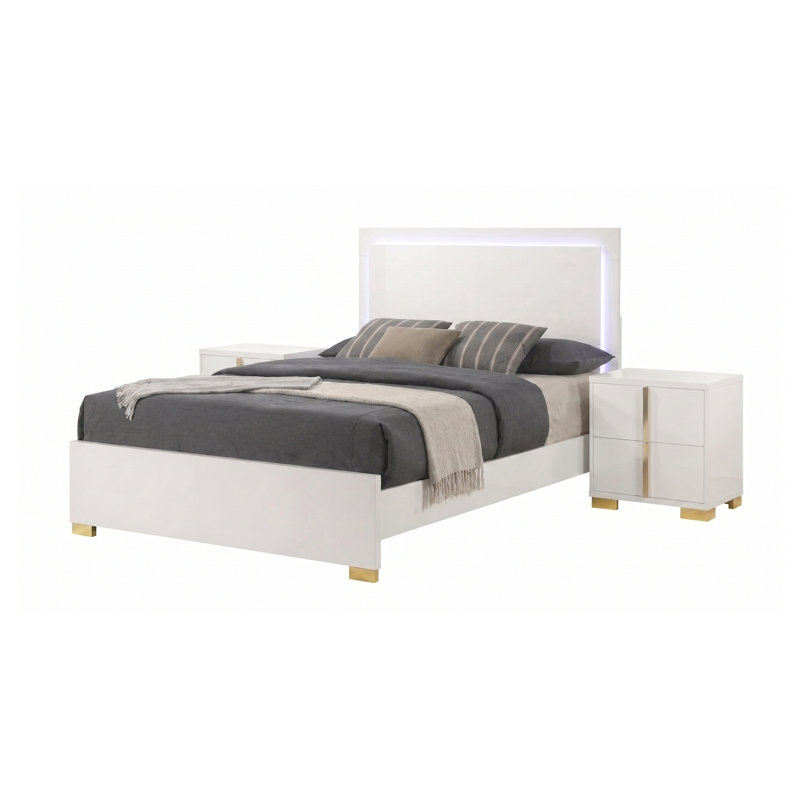 Ensemble de chambre à coucher 3 pièces Josephine White Queen avec tête de lit éclairée par DEL et deux tables de chevet
