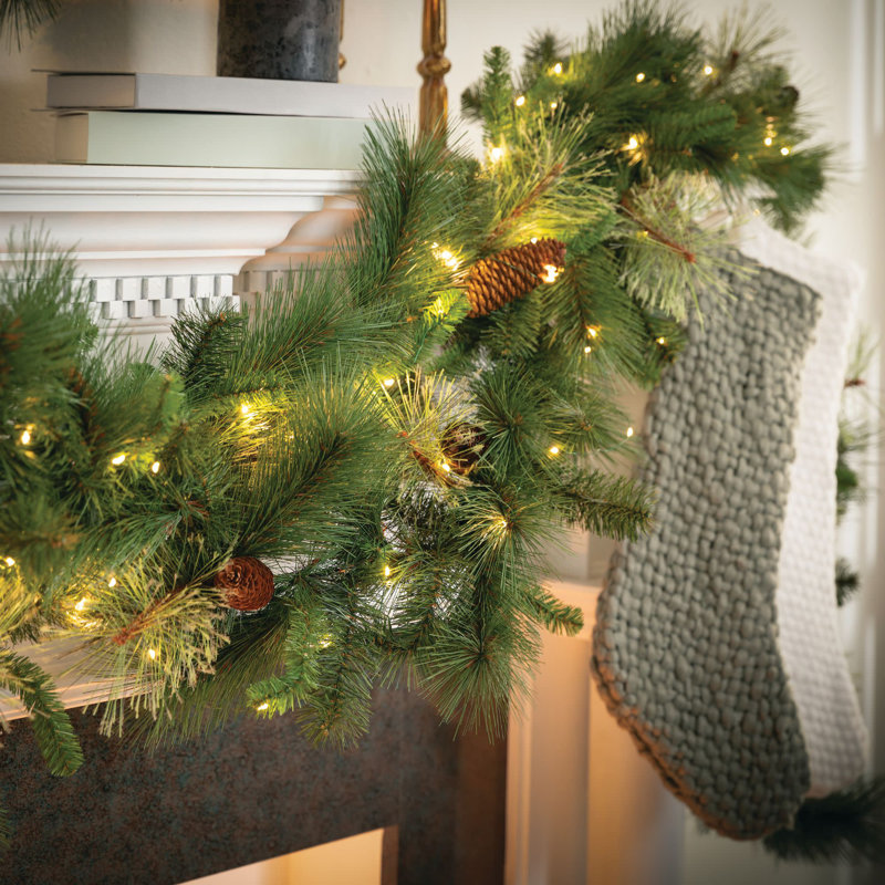 Artificial 9' LED Mixed Pine Christmas Garland with Pinecones, Green