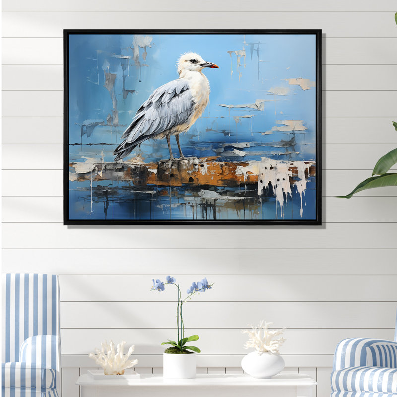 «White and Blue Seagull Tranquility», reproduction sur toile, Cadre flottant noir, 34" H x 44" W
