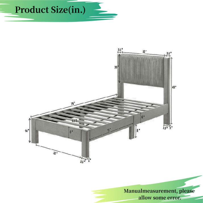 Lit plateforme gris avec tête de lit tapissier - texture nervurée, structure à profil bas - mobilier de chambre à coucher moderne pour jeunes