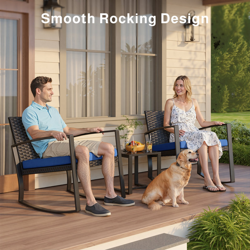 3-Piece Outdoor Rocking Chair Set with Cushions, Patio Conversation Set with Coffee Table, Blue