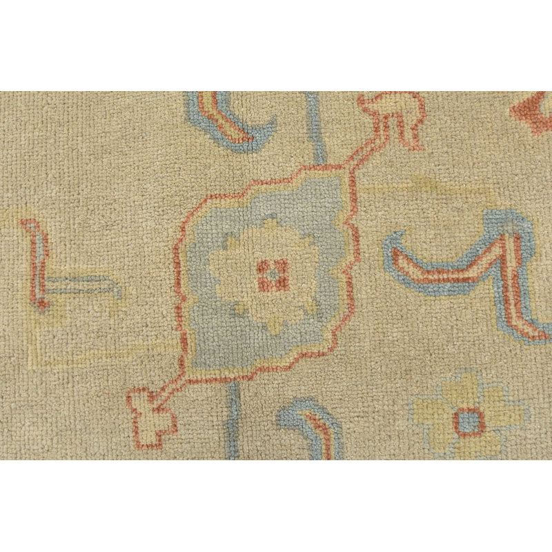 Tapis beige en laine noué à la main de conception unique 8 pi 10 po x 12 pi 1 po