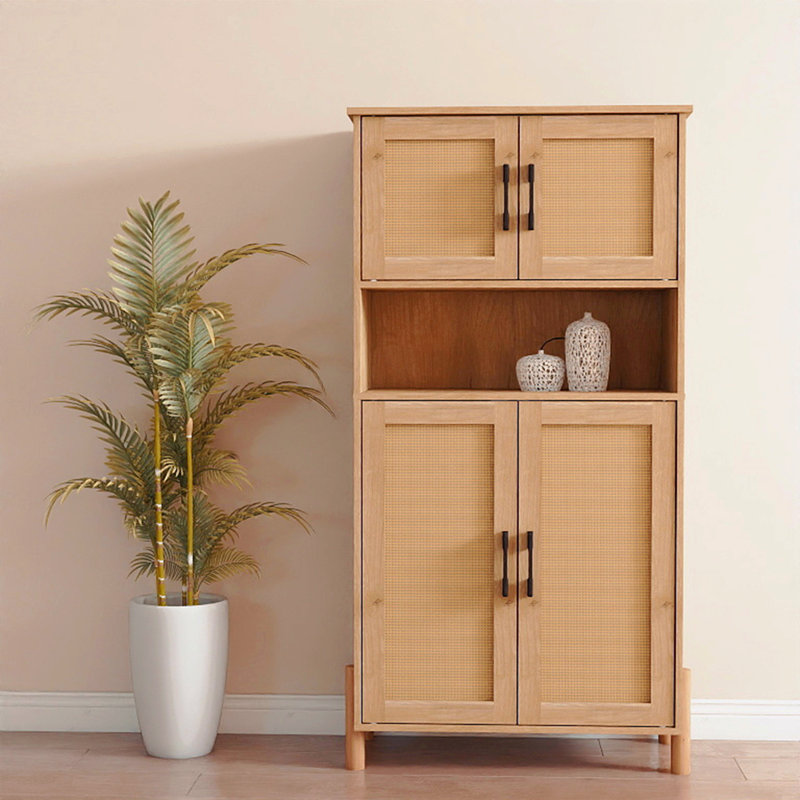 Armoire de rangement, style Mid-Century moderne, rotin, tablettes réglables, 4 portes avec portes