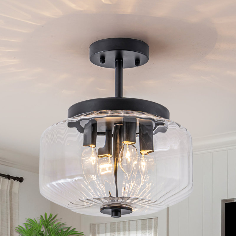 Modern 4-Light Semi Flush Mount Ceiling Light With Clear Ribbed Glass Shade Matte Black Finish E12 Base UL ETL Listed For Bedroom Living Room Hallway