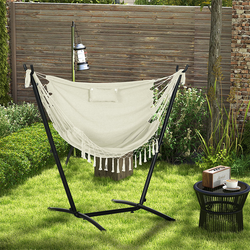 Chaise hamac avec support, balançoire hamac avec poche latérale, appui-tête, Blanc, crème