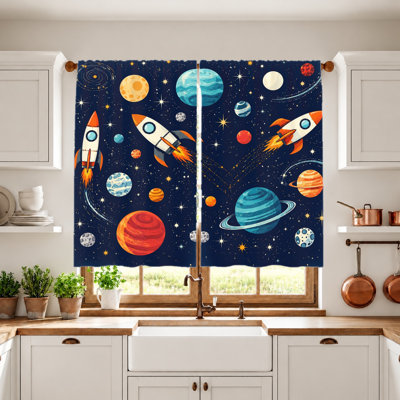 2Pcs Outer Space Curtains, Rocket and Planet Print, Light Filtering Fabric, Rod Pocket Design, for Room, Teen Decoration