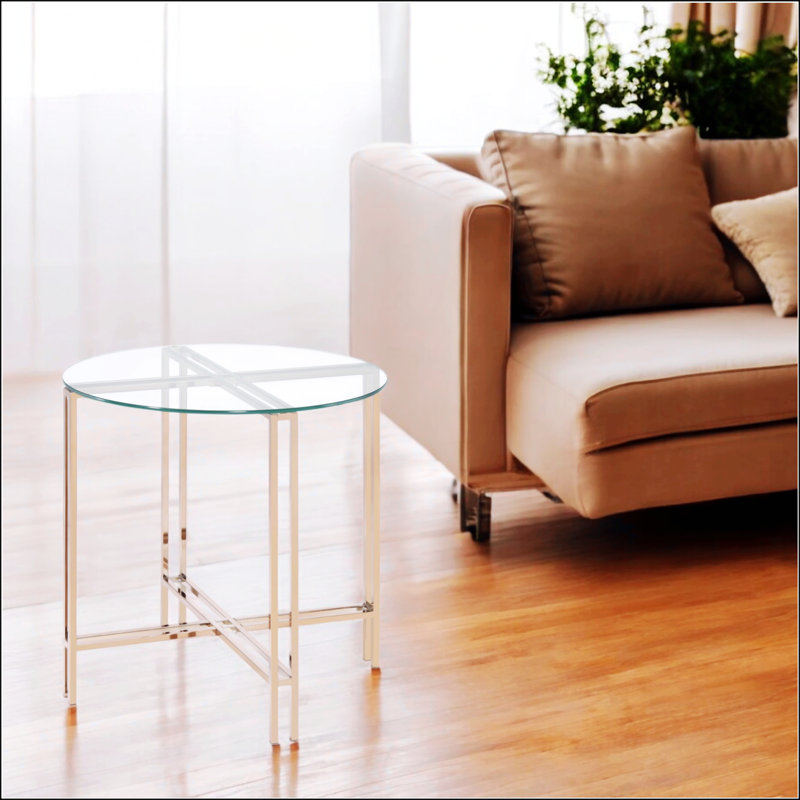 Plateau en verre transparent avec table de bout au fini champagne, table d'appoint ronde, pieds en métal