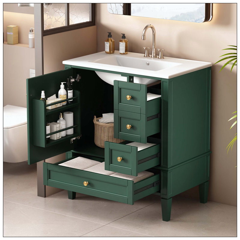 Rangement en bois massif 3 tiroirs pour salle de bain Modern, Vert