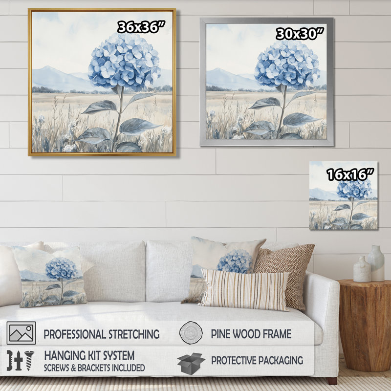 Champ d'hortensias en hiver II - hydrangées, art mural, H 30 po x l 30 po, Reproduction encadrée d'une seule photo, Doré