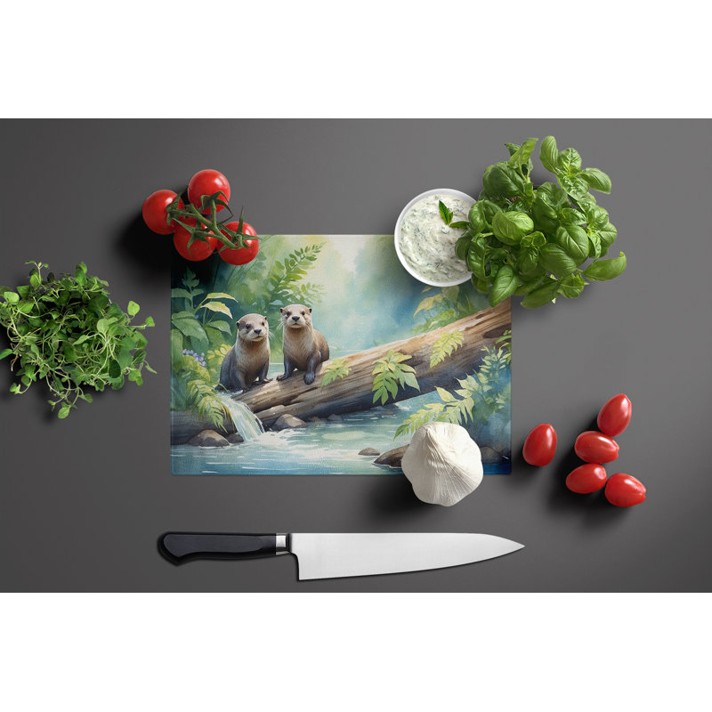 River Otters at Play Glass Cutting Board