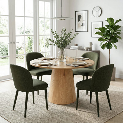 Modern Round Dining Table Set With Upholstered Dining Chairs, Wood-Look Pedestal Kitchen Table Set For 4