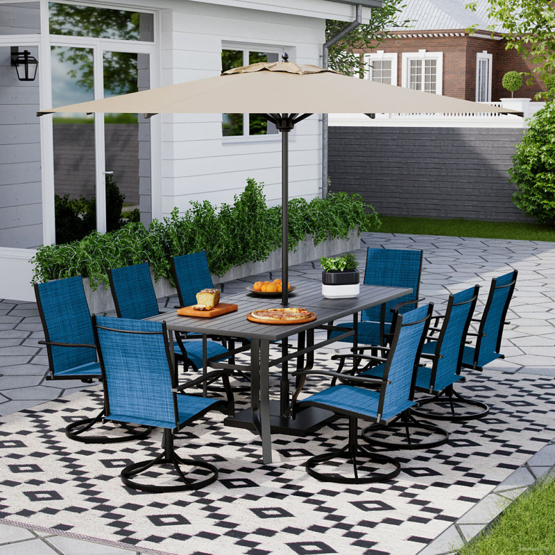 9 Piece Patio Dining Set, Outdoor Dining Table And Chairs Set For 8, 8 Swivel Chairs, 1 Iron Rectangular Table With Adjustable Umbrella Hole, Patio Furniture Set For Deck, Backyard, Lawn, Poolside, Brown/gray/blue