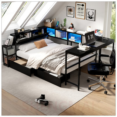 Corner Bed Frame Queen Size with Bookcase, 2 Underbed Storage Drawers, LED Light, and Charging Station, Modern Daybed, Left and Right Interchangeable