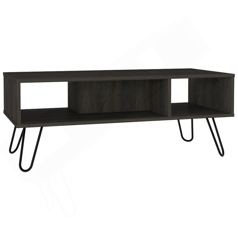 Table basse, quatre pieds, deux tablettes, espresso