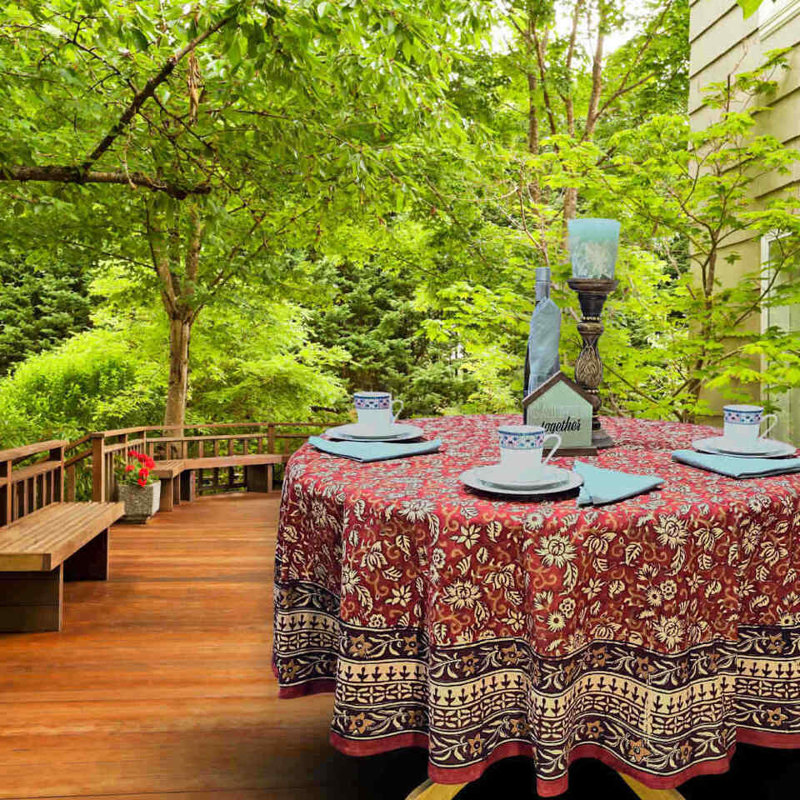 Floral Cotton Block Print Round Tablecloth, Round 72"