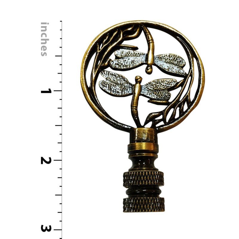 Double Dragon Fly Filigree Lamp Finial, Antique Brass