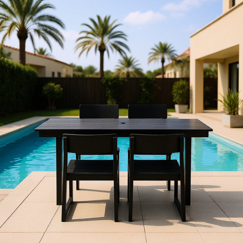 Outdoor Dining For 4 - Patio Table With Umbrella Hole And Armrest Chairs, Option Deck Poolside In Black 5 Weather- Ideal Gatherings