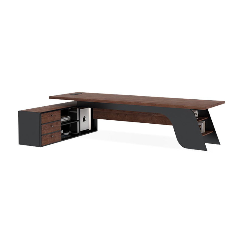 Bureau en bois massif en forme de L brun noyer + noir + acier au carbone avec 3 tiroirs, H 29,53 po x l 94,49 po x P 59,06 po
