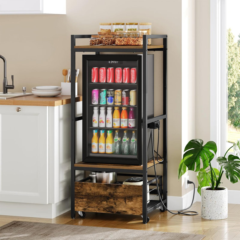 Mini support de réfrigérateur avec tiroir mobile, support de micro-ondes avec prise de courant, mini tablette de réfrigérateur avec tablettes réglables, support de boulanger de cuisine pour dortoir, salle à manger, maison