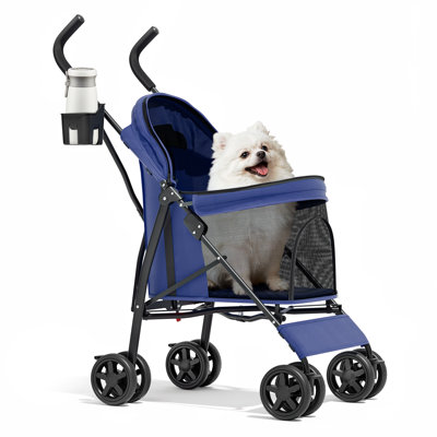 4-Wheel Folding Pet Stroller, Foldable Dog Jogger Stroller with Adjustable Canopy and Cup Holder