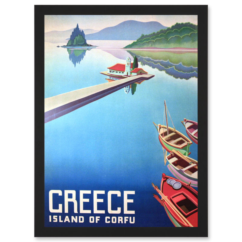 Corfu Greece Boats Pier Mount Travel Advert - Single Picture Frame Print