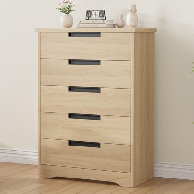  Grande commode 5 tiroirs en bois pour commode de chambre à coucher - Commode moderne, poignées intégrées, grand rangement pour le salon, la chambre de bébé, le couloir, le vestibule, le bureau personnel - couleur bois