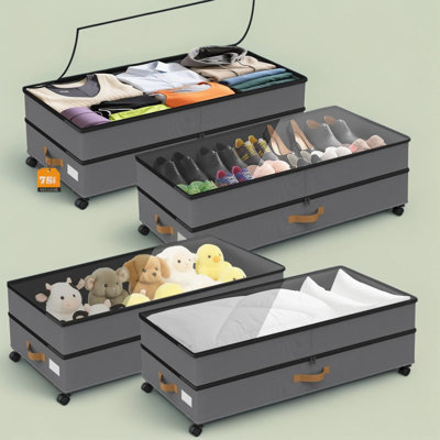 Contenants de rangement sous le lit avec roulettes, bacs de rangement roulants à hauteur réglable de grande capacité de 75 L avec couvercles transparents pour vêtements, chaussures, couvertures et articles saisonniers